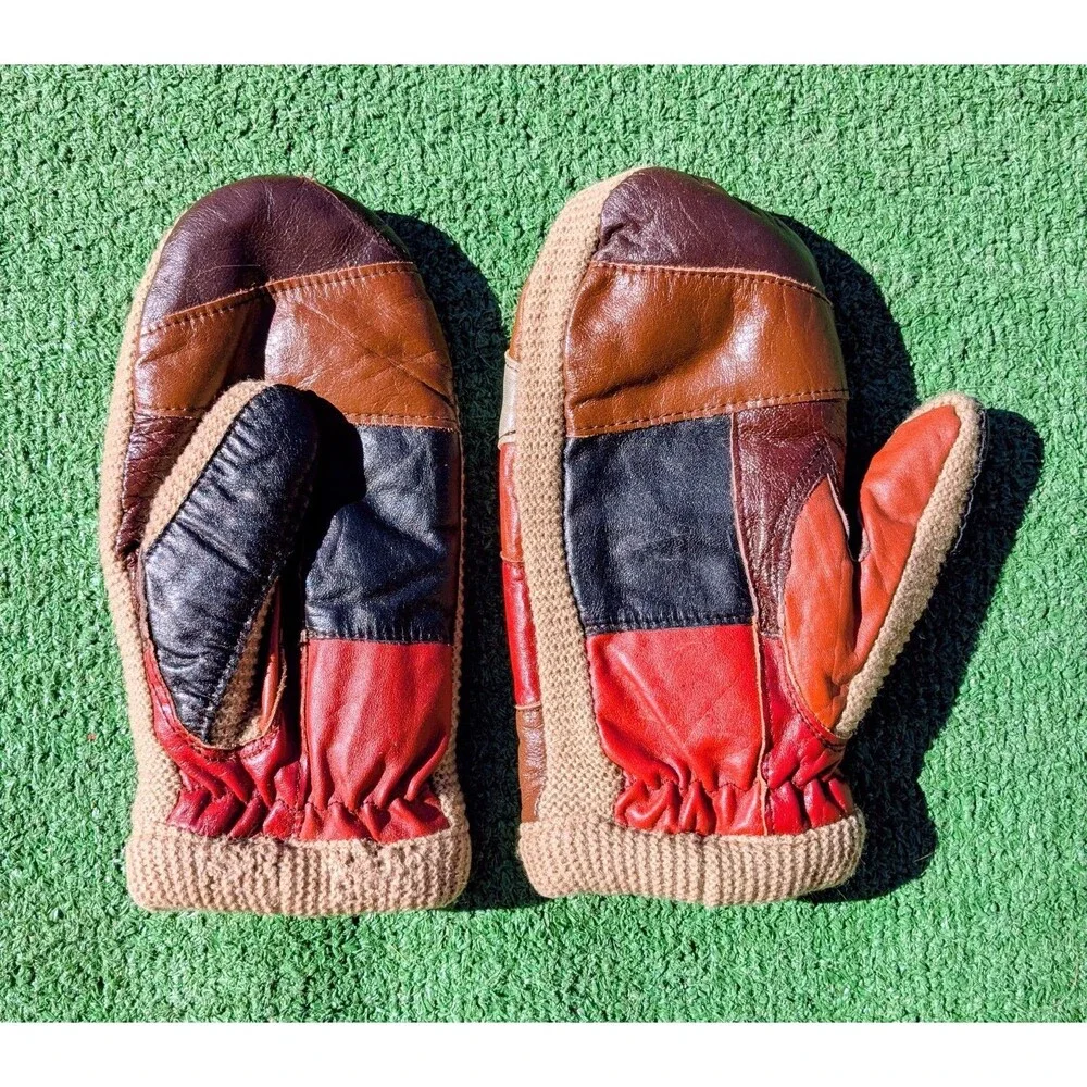 Leather Patchwork w/Knit Acrylic Vintage 1960's Petite Medium Mittens Set EUC